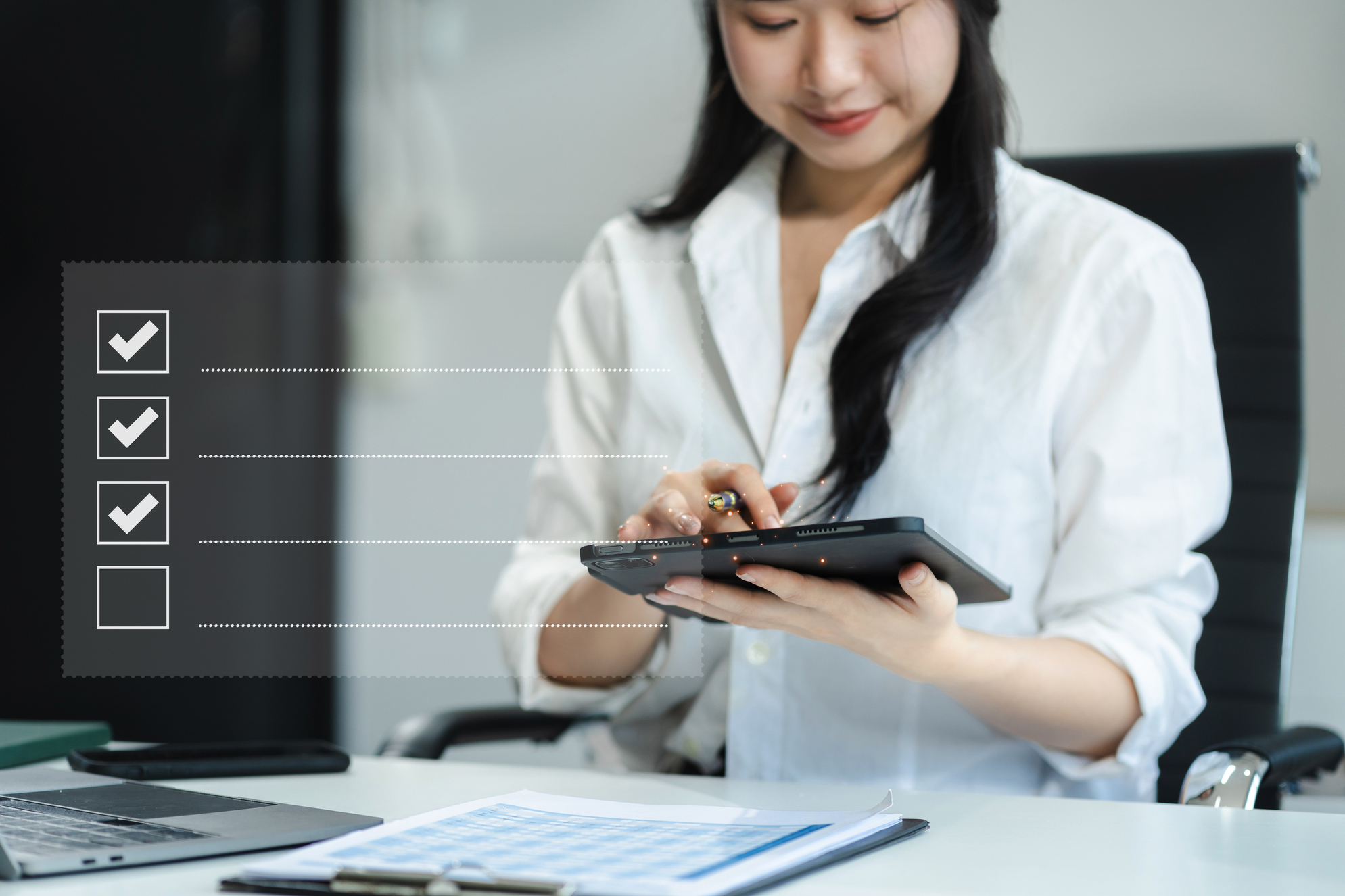 Businesswoman using tablet to do online checklist survey, doing assessment online survey answer test questions Digital form.